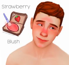 a man with no shirt on is next to a drawing of a strawberry and blush