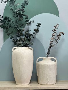 two white vases sitting next to each other on a shelf with plants in them