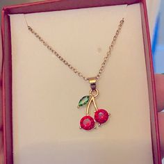 Rhinestone Cherry Necklace. Gold Chain. Comes In Cute Cherry Gift Box. Aura Necklace, Girly Pop, Cherry Necklace, M Necklace, White Beaded Necklaces, Necklace Gold Chain, Key Pendant Necklace, Artisan Necklace, Silver Necklace Statement