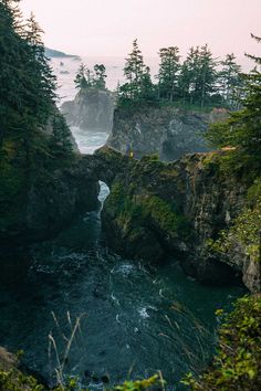 a river flowing through a lush green forest next to tall rocks covered in moss and pine trees