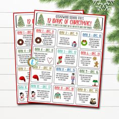 two printable christmas calendars for the 12 days of christmas