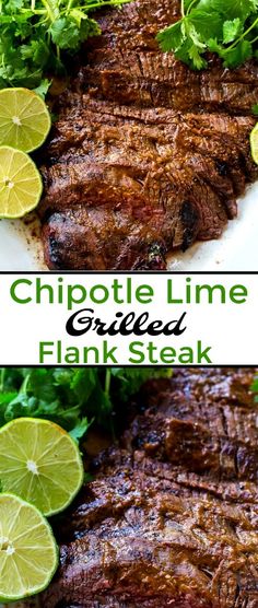 grilled flank steak with cilantro and lime garnish on the side