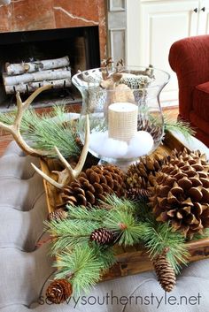 a tray filled with pine cones, candles and antlers on top of a couch