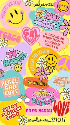 a poster with many different types of stickers on it's back cover, including flowers and smiley faces