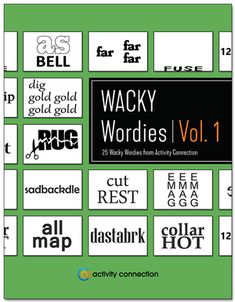 the cover of wacky words vol 1 is shown in green, black and white