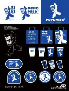 various logos and stickers on the side of a black background, including a blue bag with