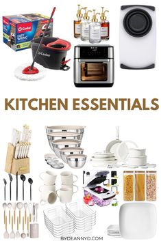 the kitchen essentials are organized and ready to be used for cooking, baking or cleaning