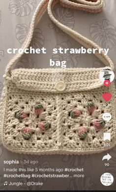 a crocheted bag with flowers on the front and side, is shown in white