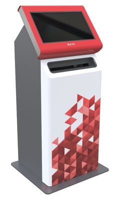 a red and white box with a screen on top