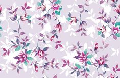 a floral pattern with pink flowers and green leaves on a purple background that is very soft