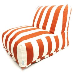 an orange and white striped chair on a white background with the seat cushion folded down