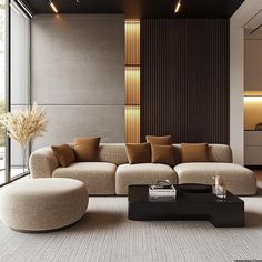 a living room filled with lots of furniture next to a tall wall mounted tv on top of a wooden paneled wall