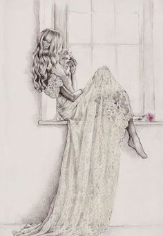 a drawing of a woman in a dress sitting on a window sill with her legs crossed