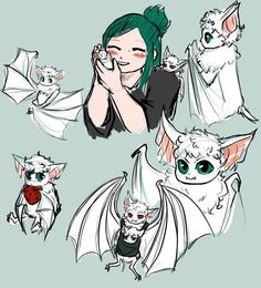 some drawings of bats with green hair and eyes, one is holding a cell phone