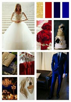 a man in a blue suit standing next to a red and white wedding cake