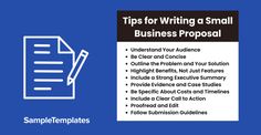 a blue and white flyer with the words tips for writing a small business proposal on it