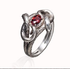 A unique silver ring with two snakes will be a wonderful gift for you and your loved ones. The Viper Ring is beautifully detailed, and executed with great attention to all the small details. Unique Red Zirconia Snake Ring will emphasize your personality and will be a great addition to any look.  The Cobra Ring can become a great mascot and helper in all your affairs. This silver ring is made by our jeweler entirely by hand from 925 sample silver. The ring is truly unique, as it is impossible to Two Snakes, Serpent Ring, Unique Silver Rings, Snake Jewelry, Snake Design, Snake Ring, Small Details, Stunning Jewellery, Rings Statement