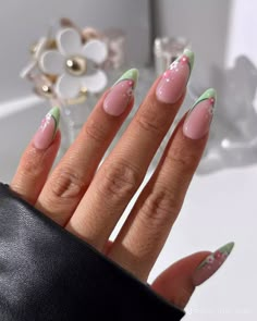 Abstract Nail Art French Tip, Oval Nails Summer Designs, Biab Nail Art French Tip, Interesting French Tip Nails, Nails French With Design, French Tip With Green, Cute French Nail Designs, White French Tip With Design, French Tip Nails For Summer