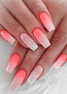 Coral Ombre Nails, Uñas Color Coral, Summer Nails Colors Designs, Summer Nail Colors, Nails With Glitter, Coral Nails, Fabulous Hair, Bride Nails