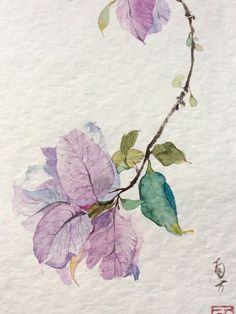 a watercolor painting of purple flowers on white paper with chinese characters in the background