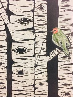 a painting of a green bird perched on a tree branch in front of black and white background