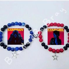 two red, white and blue beaded bracelets with starboy pictures on them