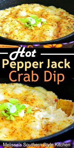 hot pepper jack crab dip in a cast iron skillet