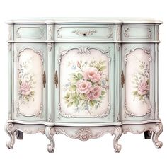 an ornate painted cabinet with flowers on the doors and drawers, sideboard or buffet