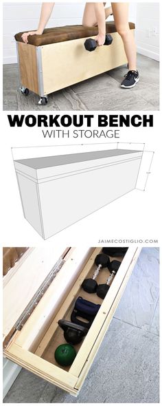 an open drawer with shoes in it and the words workout bench with storage below