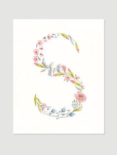 the letter s is made up of flowers and leaves in watercolor on white paper