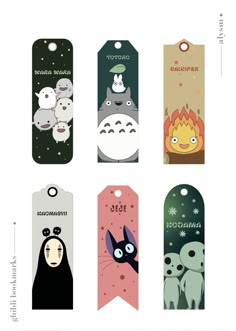 six tags with cartoon characters on them, all in different colors and sizes are shown