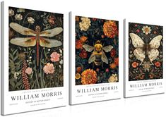 three books on the cover of william morris's book, with images of insects and flowers