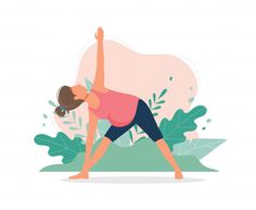 a woman is doing yoga in front of some plants and leaves with her hands up