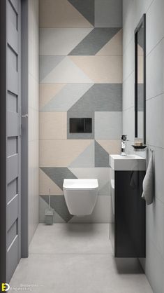 a bathroom with a toilet, sink and mirror in it's wallpaper design