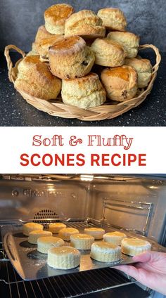 a basket filled with scones sitting on top of an oven