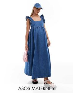 ASOS DESIGN Maternity soft denim smock maxi dress with bow back in midwash blue | ASOS Resort Maternity Wear, Maternity Photoshoot Dress, Maternity Dresses For Baby Shower, Pregnancy Style, Mango Dress, Fall Maternity, Maternity Outfits, Asos Maternity, Denim Maxi