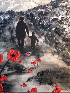 a painting of two people walking down a path with poppies in the foreground