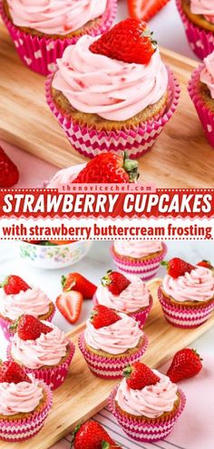 Strawberry Cupcakes with Strawberry Buttercream Frosting, summer desserts, cupcakes Enchanted Kitchen, Strawberries And Cream Cupcakes, Fruity Cakes, Strawberry Cupcake Recipes, Tasty Cupcakes, Strawberry Buttercream Frosting, Fruit Cupcakes, Strawberry Whipped Cream, Cupcakes Recipes