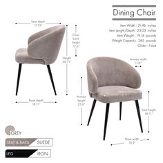 the dining chair is shown with measurements for each seat and back side, along with an additional