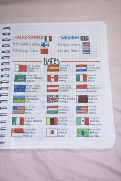 a notebook with flags on it sitting on top of a bed