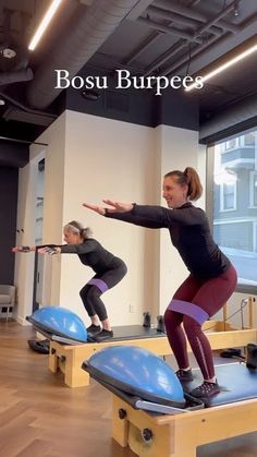 two women are doing pivots on exercise equipment in an office setting with the words bosu burpes above them