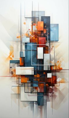 an abstract painting with squares and rectangles in orange, blue, grey and white