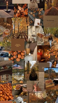 a collage of photos with people and autumn leaves