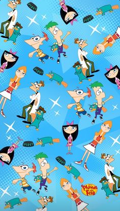 cartoon characters are flying through the air on a blue background with white stars and dots