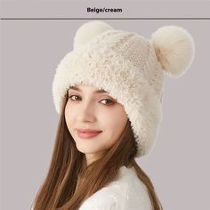 Color: Beige Chic Street Wear, Thick Twist, Korean Style Women, Warm Winter Hats, Bear Ears, Acrylic Fiber, Ear Protection, Ear Hats, Faux Fur Pom Pom