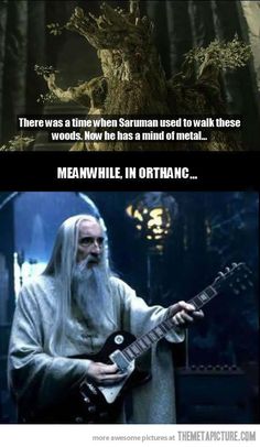 an old man with long white hair holding a guitar in front of a tree and text that reads, there was a time when person used to walk these woods now he has a mind of metal