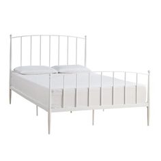 a white metal bed frame with two pillows on the top and bottom side, against a white background