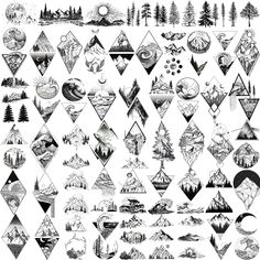 a large collection of mountains and trees in black and white with different shapes, sizes and colors