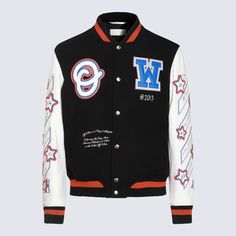 100% Leather, 75% Virgin Wool, 25% Polyamide, 100% Viscose, 100% Cotton, 100% Polyester College White Patchwork Outerwear, White Patchwork Outerwear For College, Spring White Patchwork Varsity Jacket, Designer Leather Jacket For Spring Streetwear, White Patchwork Outerwear For Work, White Patchwork Varsity Jacket For Winter, Luxury White Streetwear Outerwear, Luxury White Outerwear For Streetwear, Luxury Varsity Jacket For Winter Workwear