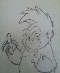 a drawing of a monkey holding a banana in one hand and a knife in the other